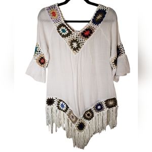 Dasayo Crochet Boho Fringe Tunic Swimsuit Coverup Beach Vacation Top